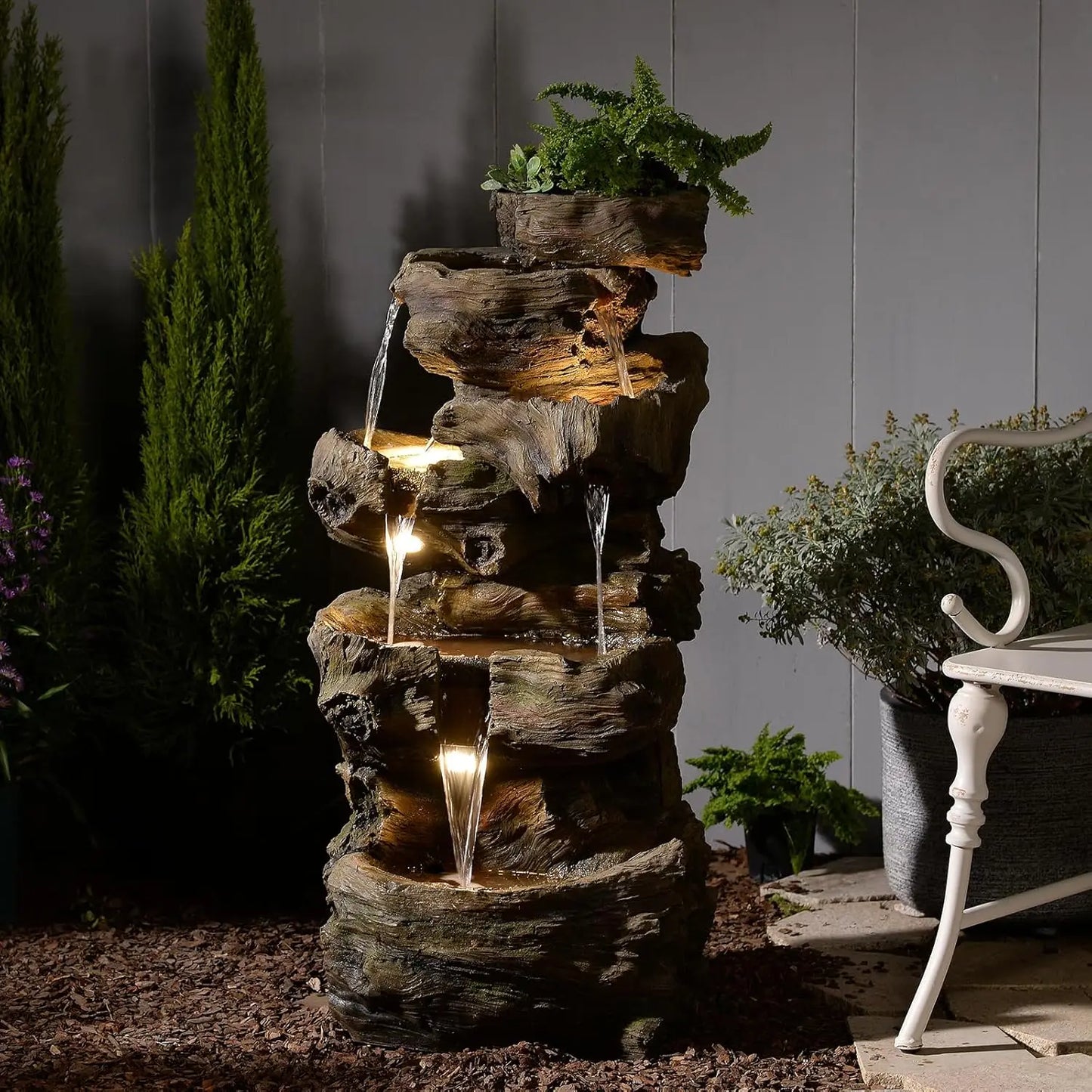 40in 5-Tier Tree Trunk Outdoor Water Fountain LED Garden Patio Backyard Decor, Customized