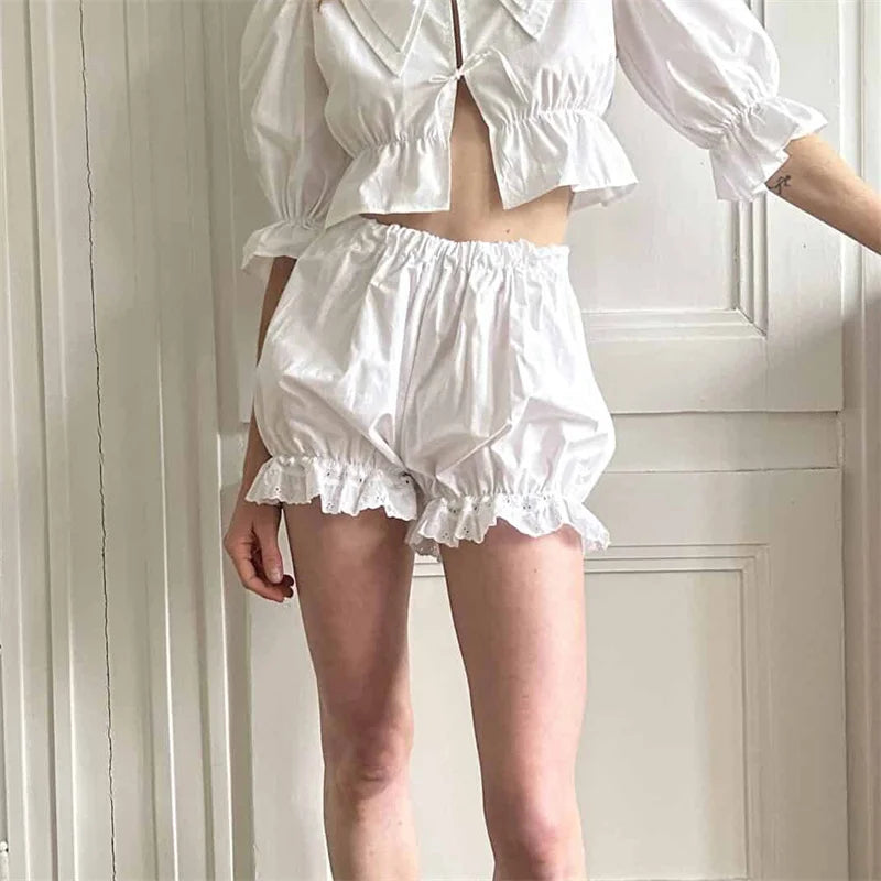 Women Shorts Summer Ladies Y2K Coquette Victorian Solid Color Bloomers Cotton Elastic High Waist Ruffle Hem Daily Party White