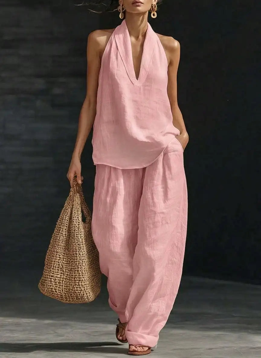 Casual 2 Piece Set Women Halter V Neck Sleeveless Top And Wide Leg Pants