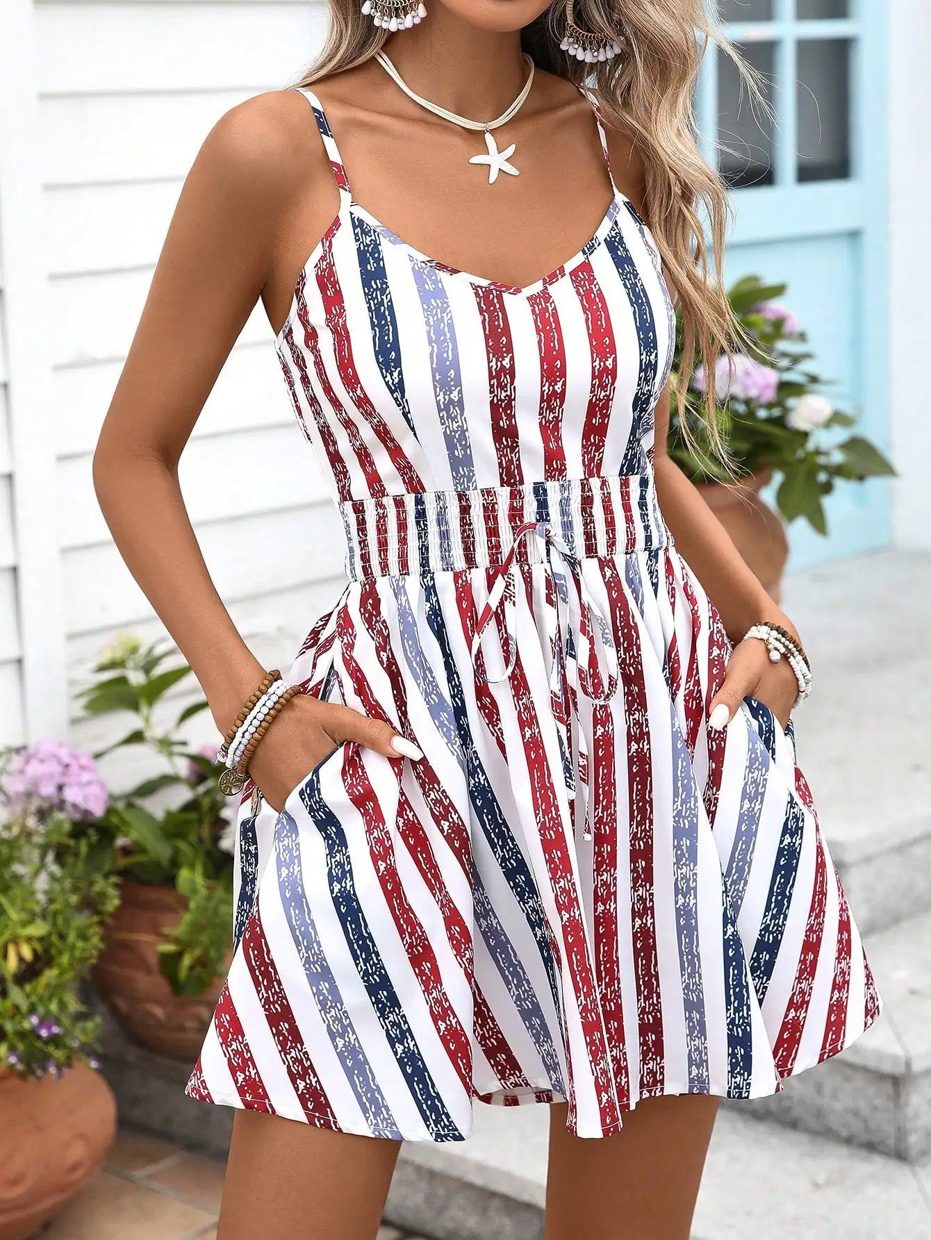 Womens Sleeveless Striped Cami Romper With Smocked Waist In Red White Blue For Summer Casual And July 4th
