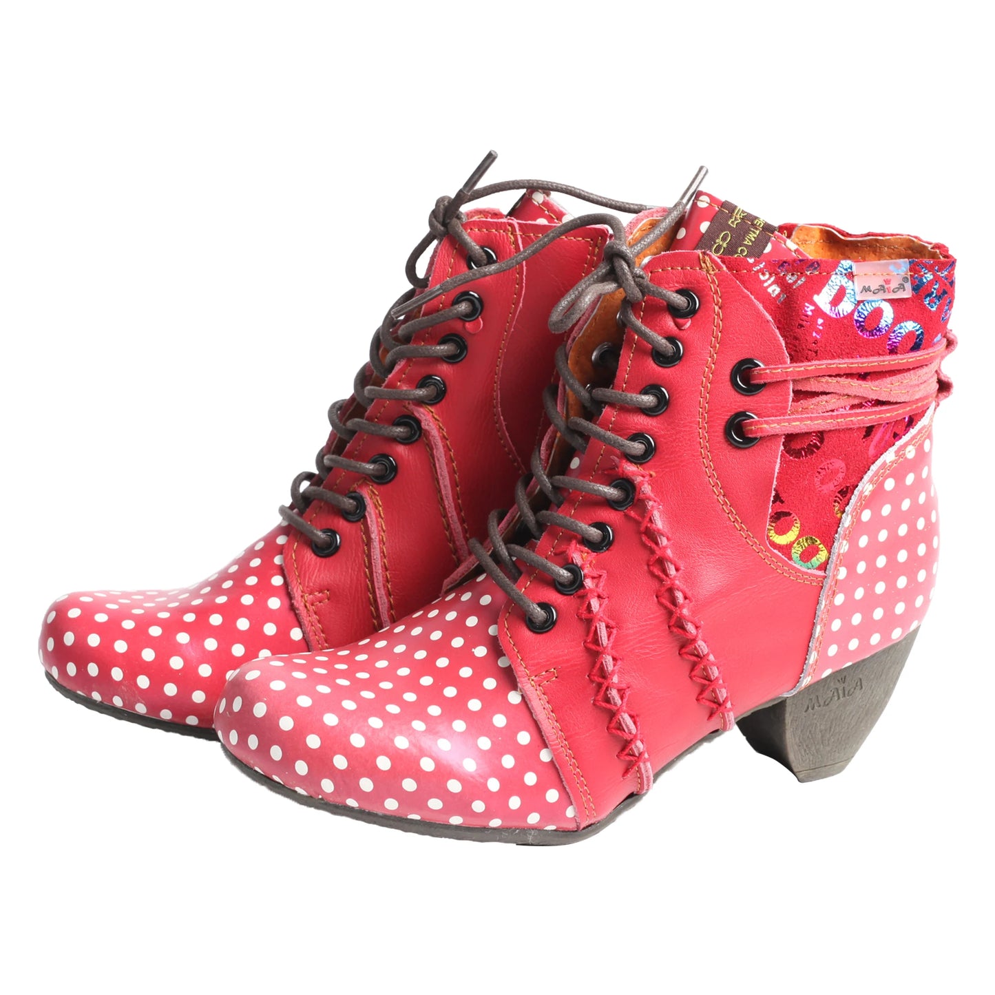 TMA EYES Women's Retro Polka Dot Mid Heel Boots Spring Autumn Winter Fashion Patchwork Chunky Heel Side Zipper Ankle Boots