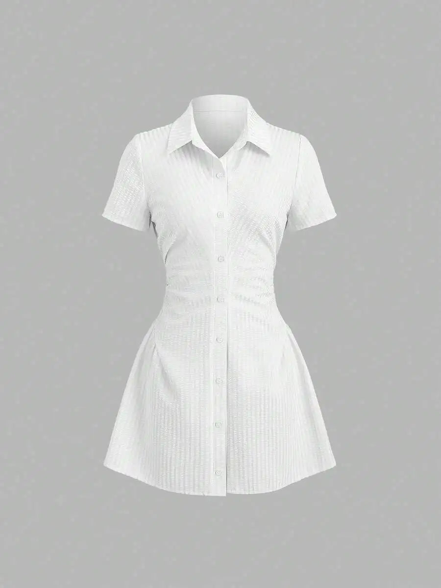 Yellow Short Sleeve Shirt Dress With Button Front And Flared Skirt For Summer