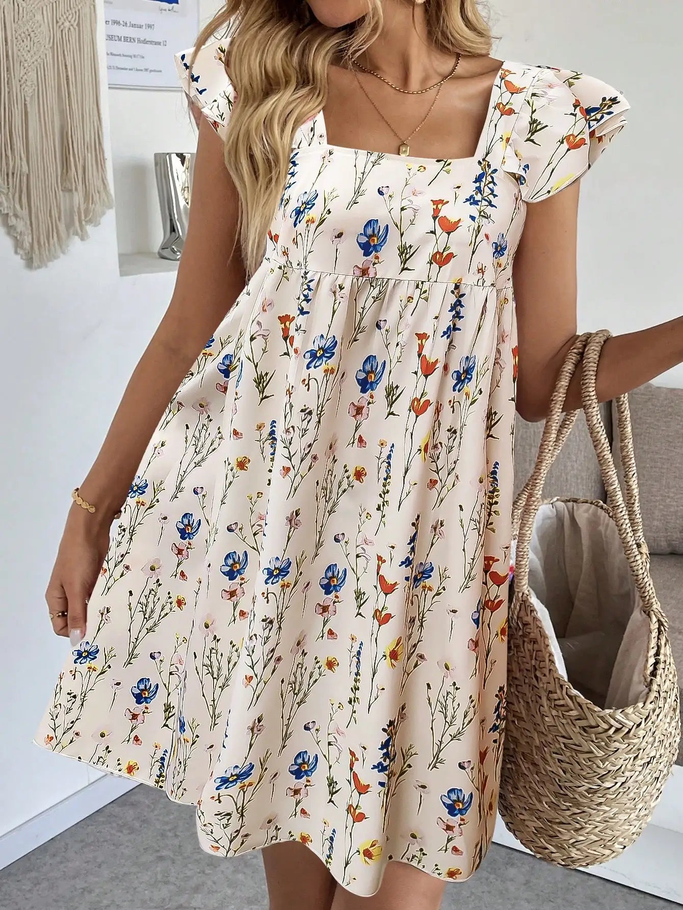 Women Floral Print Square Neck A-Line Short Dress Casual Summer Holiday