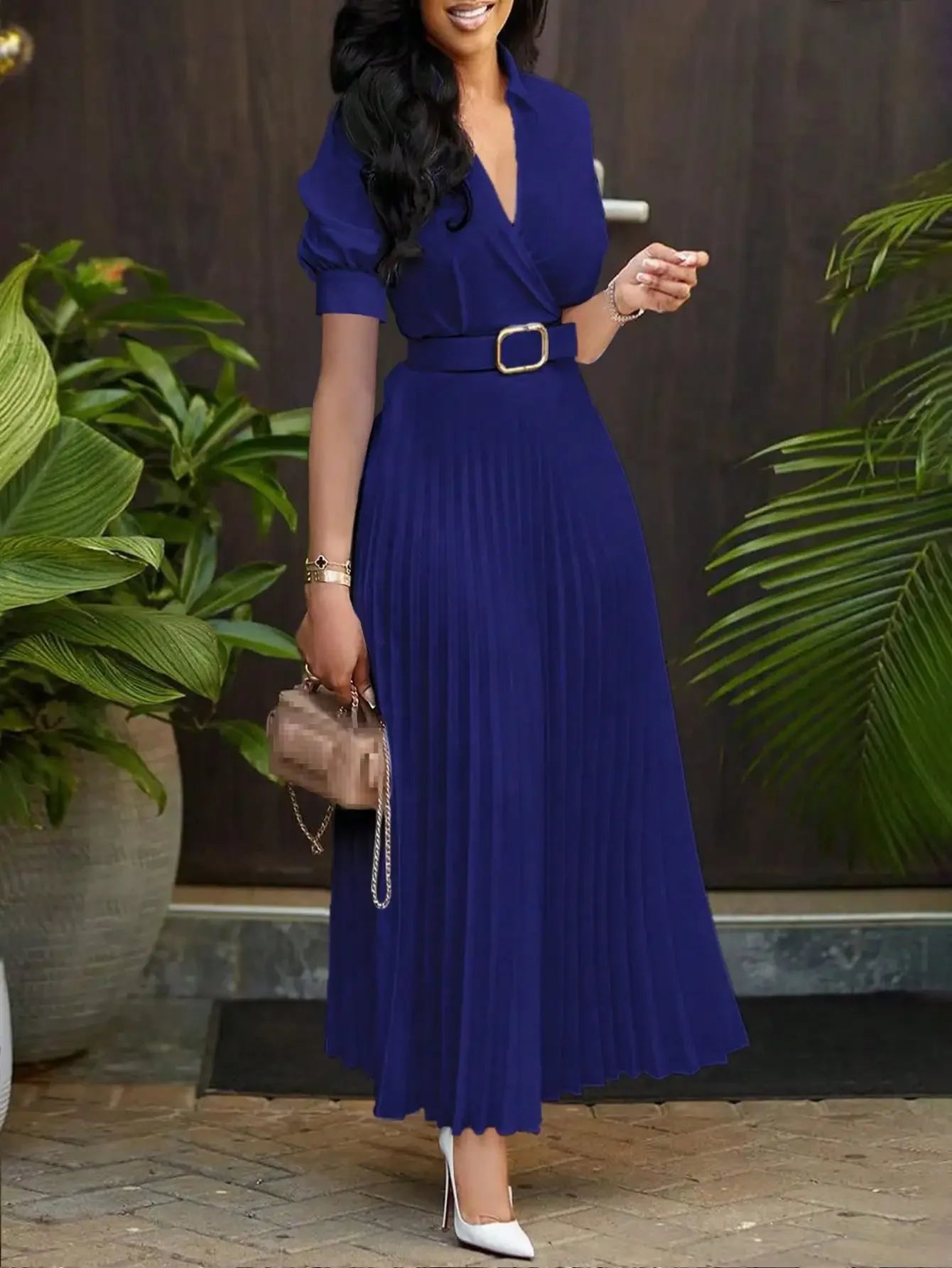 Elegant Waist-Cinching Solid Color Pleated Skirt With Belt, Short Sleeve Dress, Spring/Summer