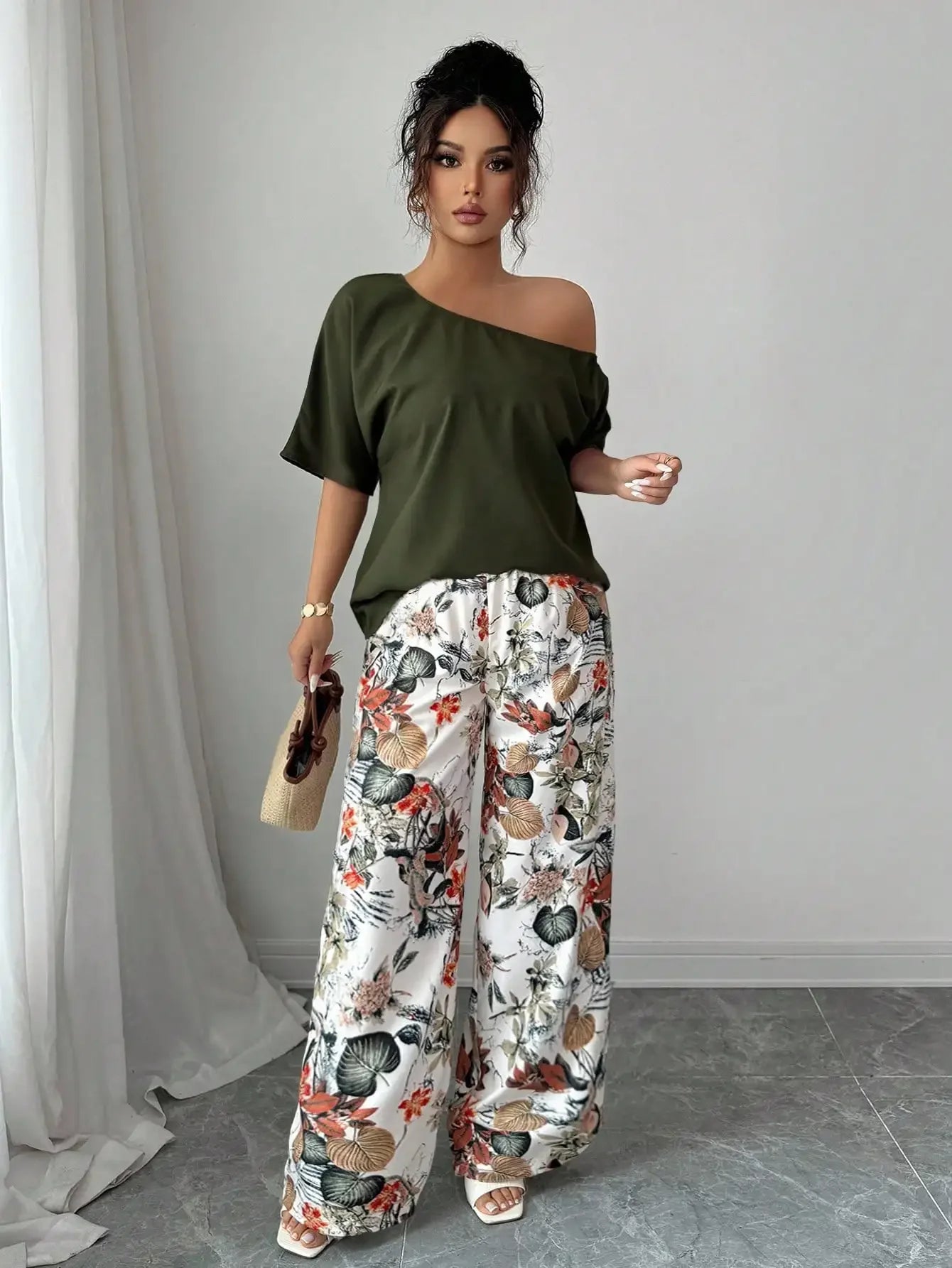 Vacation Style 2pcs Set Women Asymmetrical Neck Blouse Floral Wide Leg Pants