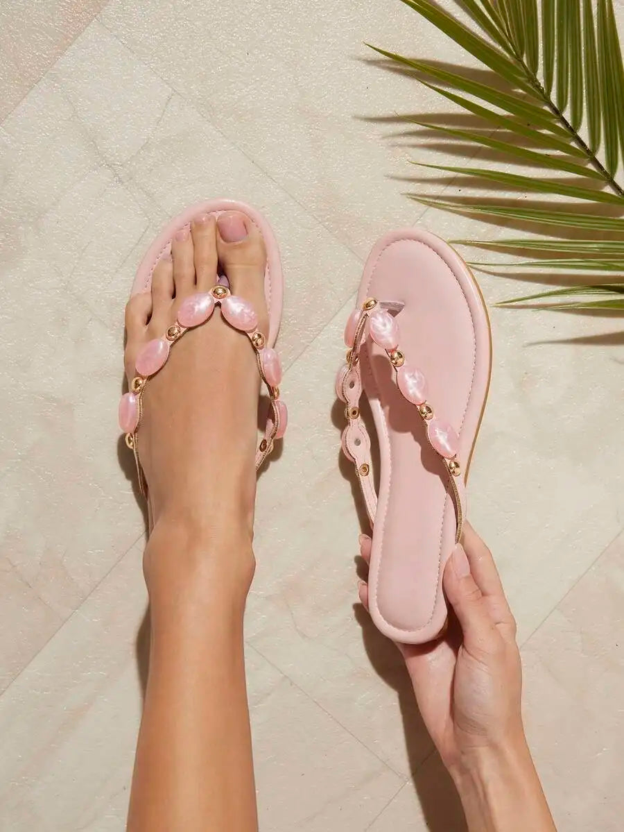 Women's Gemstone Decor Thong Flat Sandals, Punk Chic Edgy Design, Fashion Comfy Summer Casual Shoes