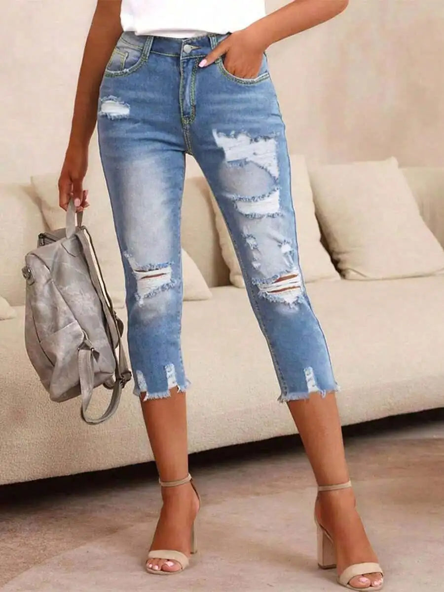 Slim Fit Ripped Womens Denim Capri Pants Casual Mid Calf Jeans