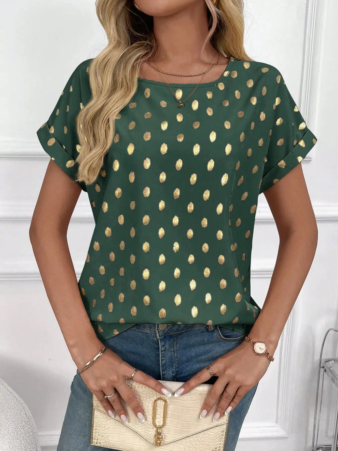 Women's Gold Polka Dot Short Sleeve Blouse Loose Fit Casual Top