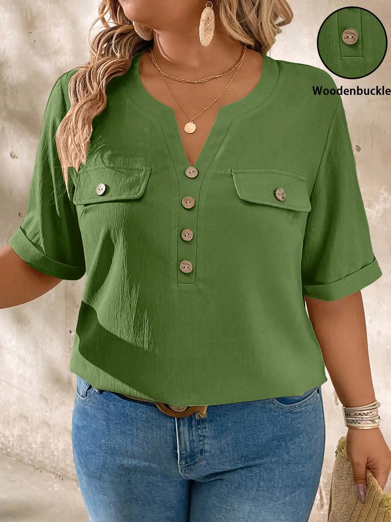 Casual V-Neck Short Sleeve Shirt With Wood Buttons