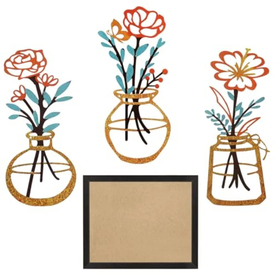 Metal-Wall-Decor Living Room - 3 Pcs Metal Bathroom Wall Art Floral Vase and Picture Frame for Decoration- Hanging Display Wall