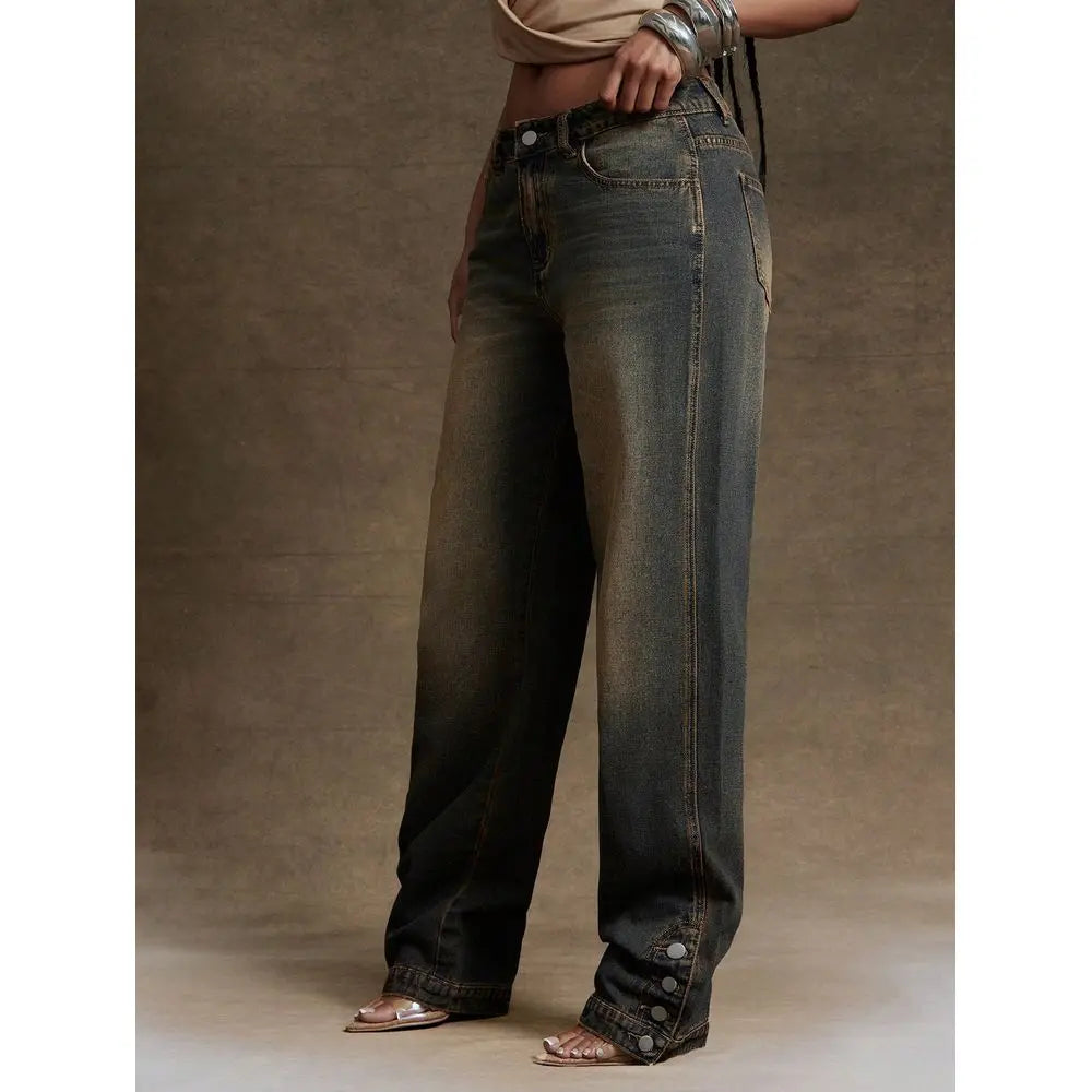 Straight Leg Ankle Slit Button Detail Denim Jeans
