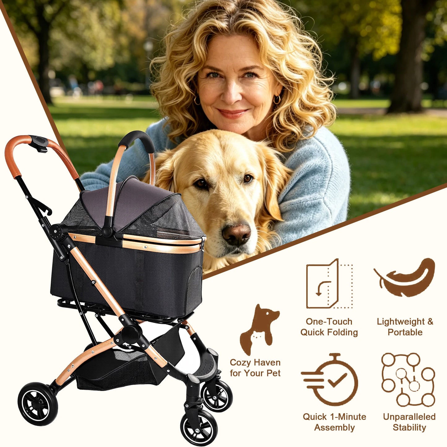 Pet Stroller for Dogs and Cats 2-in-1 Detachable Foldable 4 Wheels Pet Stroller Quick One-Hand Fold Storage Basket Detachable Carry Basket with Sun Canopy
