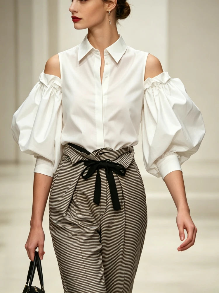 2026 Women Solid White Cold Shoulder Blouse Lapel Collar Puff Pleated Long Sleeve Button Front Loose Fit Elegant Office Daily Streetwear Party Date Vacation Women's Shirts Tops