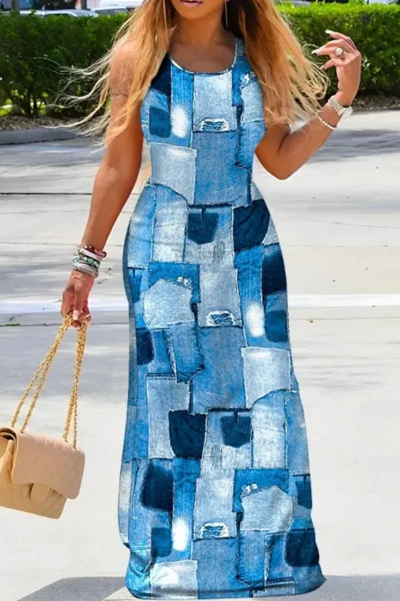 Halter Maxi Dress Boho Chic Tie Dye Women Dress Sleeveless Loose Fit Navy Blue Summer Beach Evening Casual Outfit