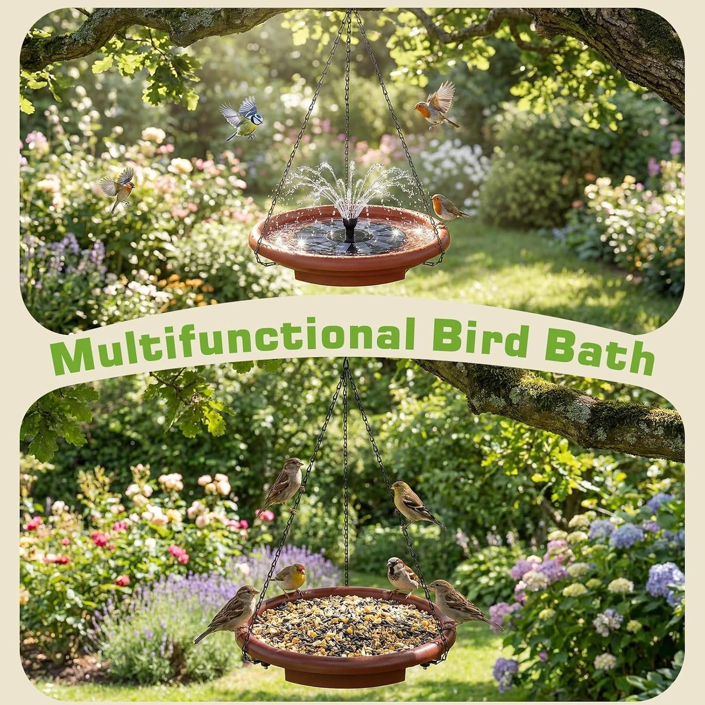 15 inch Hanging Solar Bird Bath, Outdoor Bird Bath & Feeder with Solar Fountain and 3-Tier Steps, Suitable for Patio Garden Backyard Landscape Decor