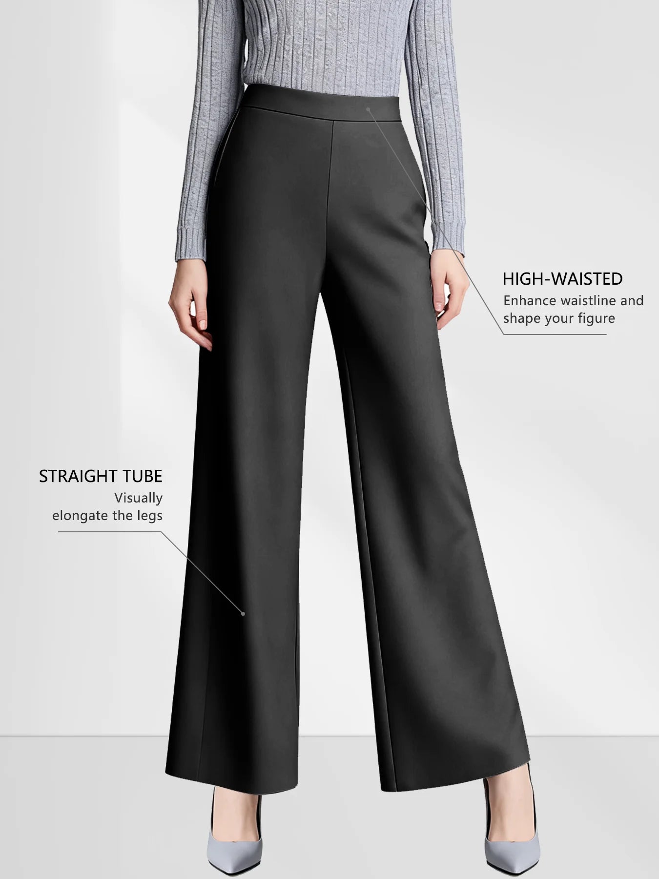 Four-Season Solid Color Wide Leg High Waist Loose Slimming Casual Pants Elastic Waist Comfortable Convenient with Pocket Design