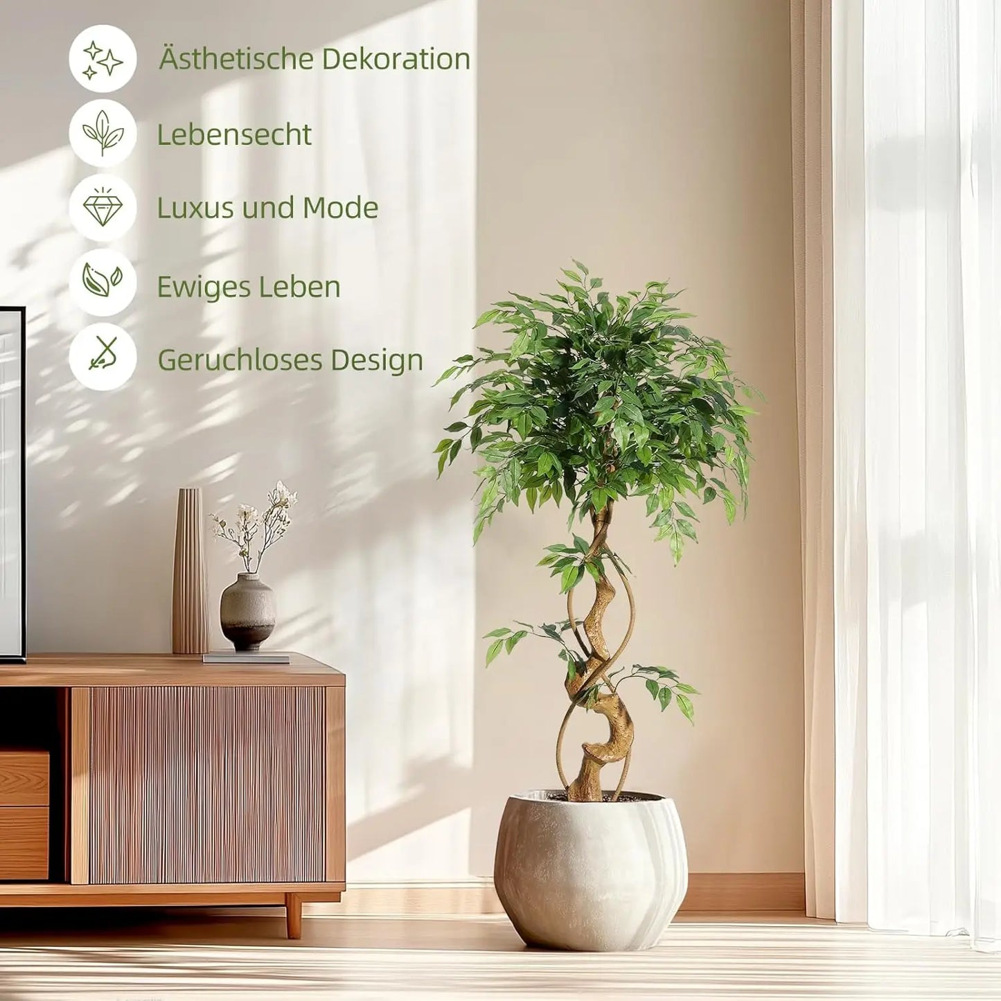 Artificial Ficus Tree 120/150/180cm with White Planter, Large Faux Weeping Fig with Curved Trunk and 1860 Silk Leaves, Lifelike Indoor Plant for Living Room Bedroom Office Decor, No Maintenance