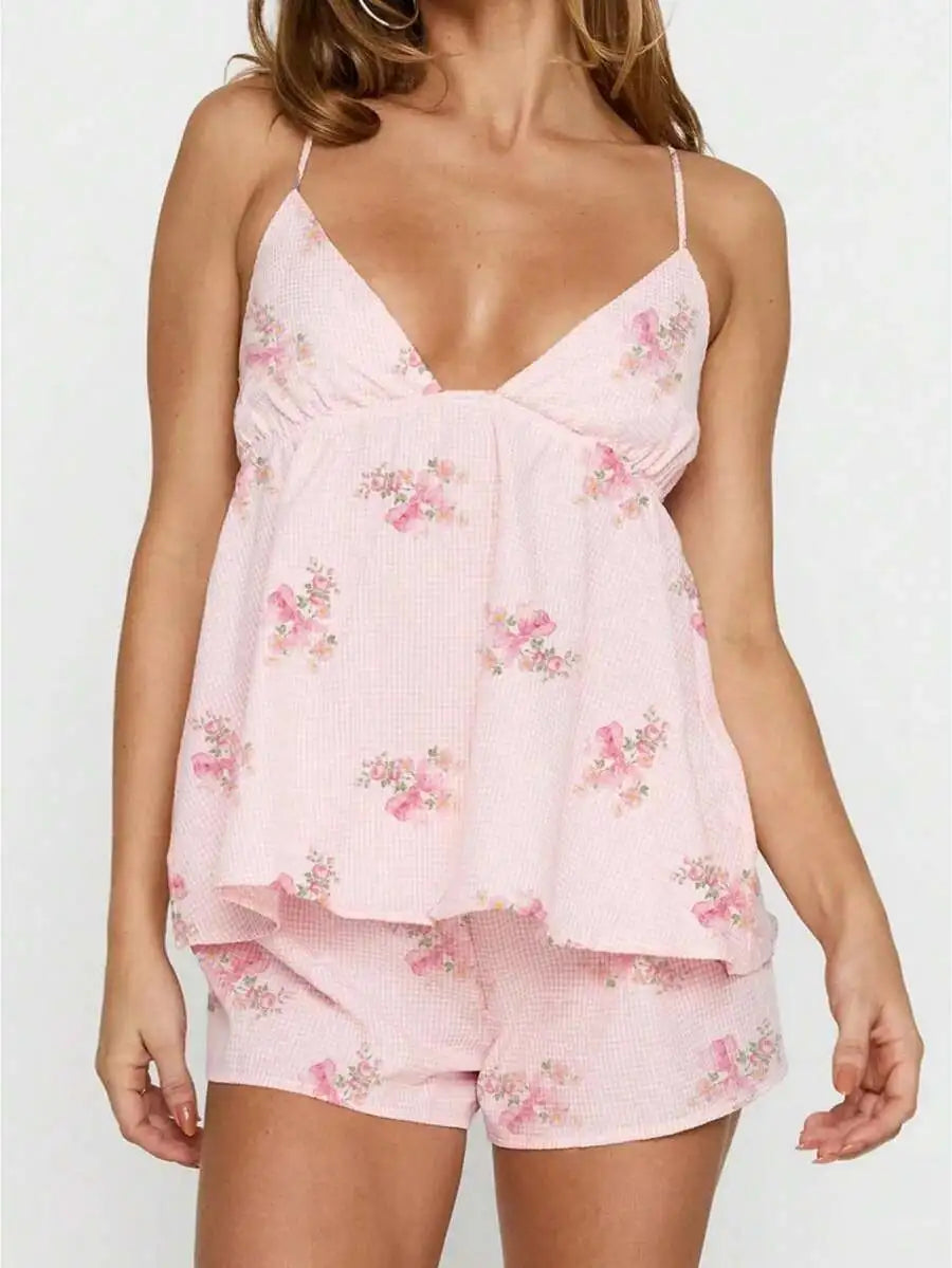 Womens Bow Print Pajama Set Spaghetti Strap V Neck Cami Top And Shorts Sleepwear Lounge Set