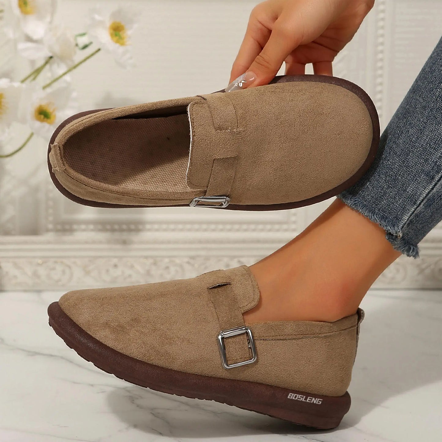 Suede Buckle Loafers for Women Versatile Slip-On Flats with Durable Rubber Sole Walking Shoes