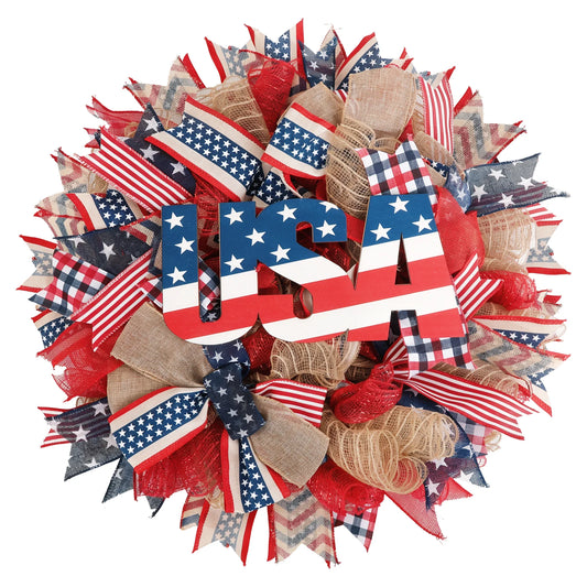 4th of July Wreath Red White Blue Patriotic Wreaths for Front Door, Memorial & Independence Day Decorations, Americana Decor for Porch Wall Window Outdoor