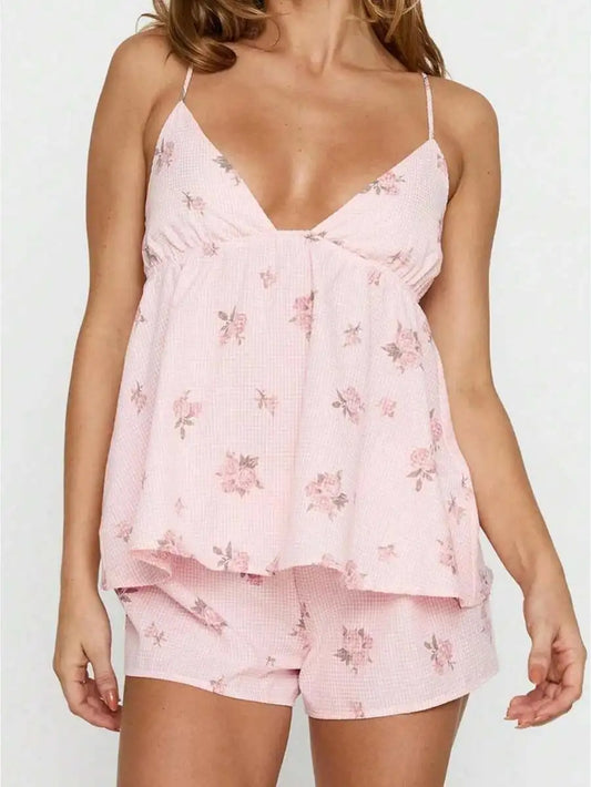 Womens Bow Print Pajama Set Spaghetti Strap V Neck Cami Top And Shorts Sleepwear Lounge Set