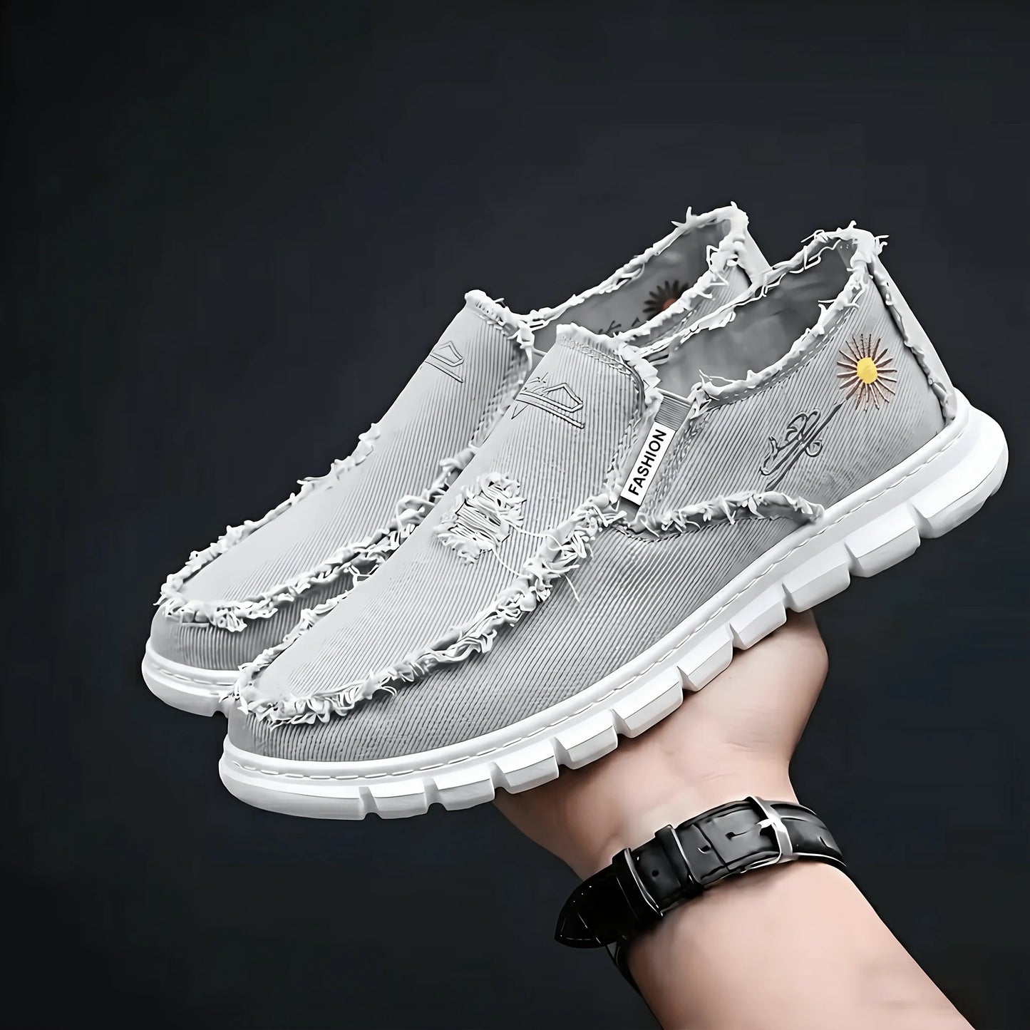 Unisex Fringe Raw Edge Canvas Slip On Loafers, Vintage Daisy Embroidery Lazy Shoes, Soft Non-slip Breathable Daily Flats, Lightweight One-step Walking Shoes, Casual All-match Comfort Footwear For Men Women Daily Commute & Dai
