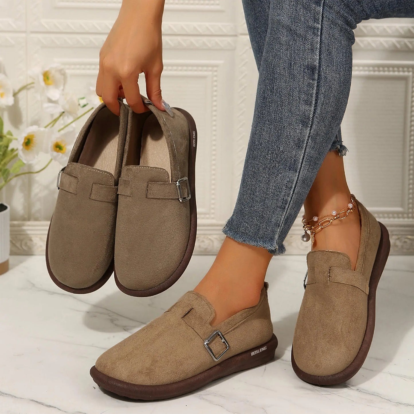 Suede Buckle Loafers for Women Versatile Slip-On Flats with Durable Rubber Sole Walking Shoes
