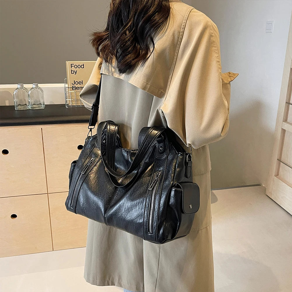 Tote Bag PU Leather with Zipper Shoulder Bag for Women with Multi-Pockets Messenger Bag Retro Handbag for Work Travel