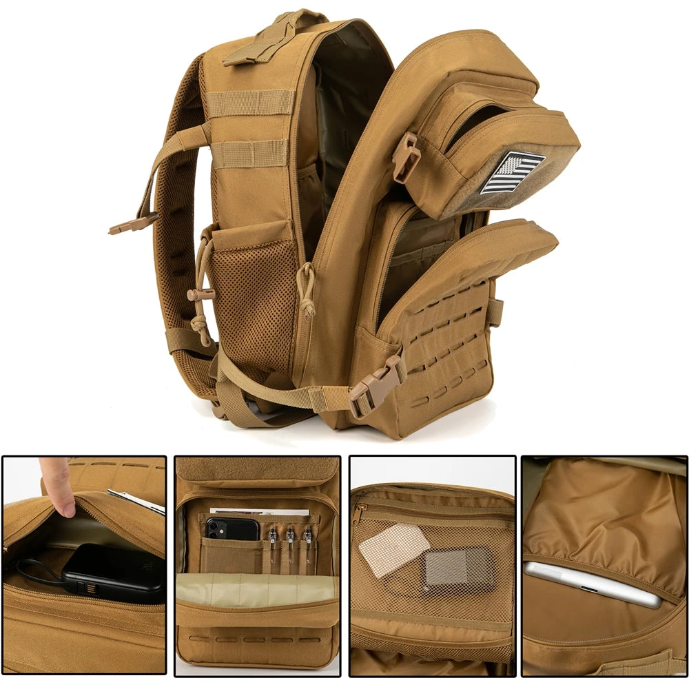 25L GYM Tactical Backpacks for Men Survival Laser Cut Molle Daypack Small Bug Out Bag Hunting Rucksack with Dual Cup Holders