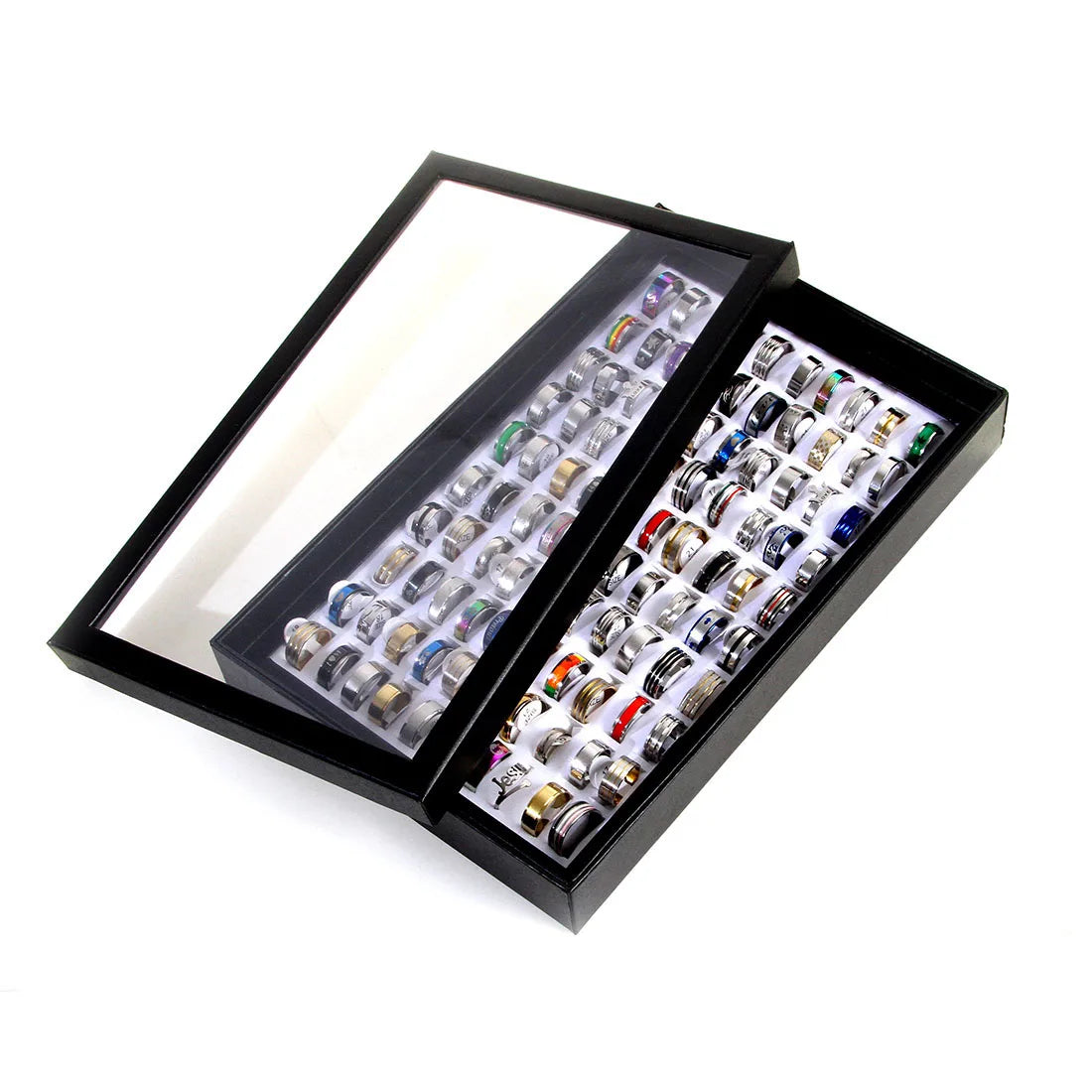 Wholesale 100 Pcs/box Fashion Stainless Steel Love Stripe Rings Punk Trendy Jewelry For Women Men Mix Style Size Party Gift