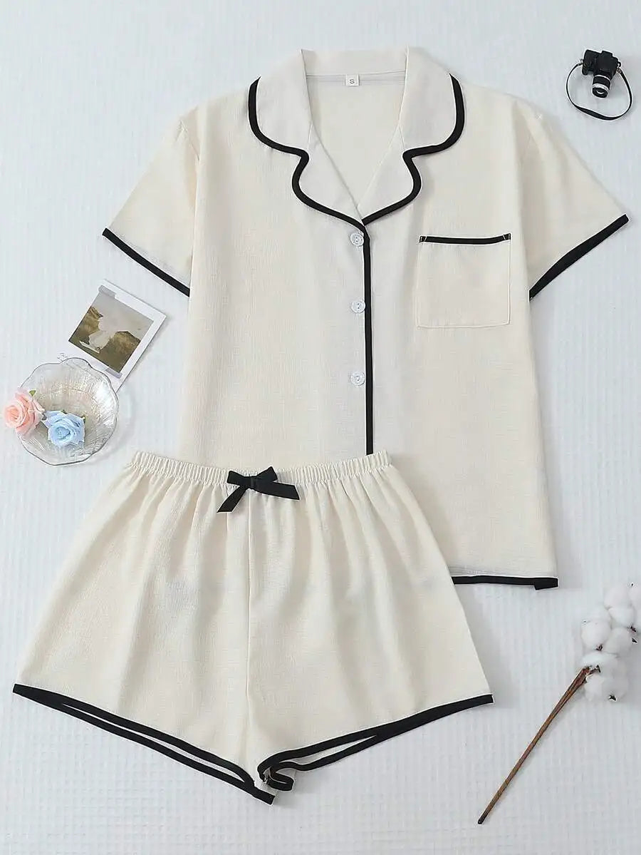 Womens 2-Piece Pajama Set With Collar Top And Bow Shorts
