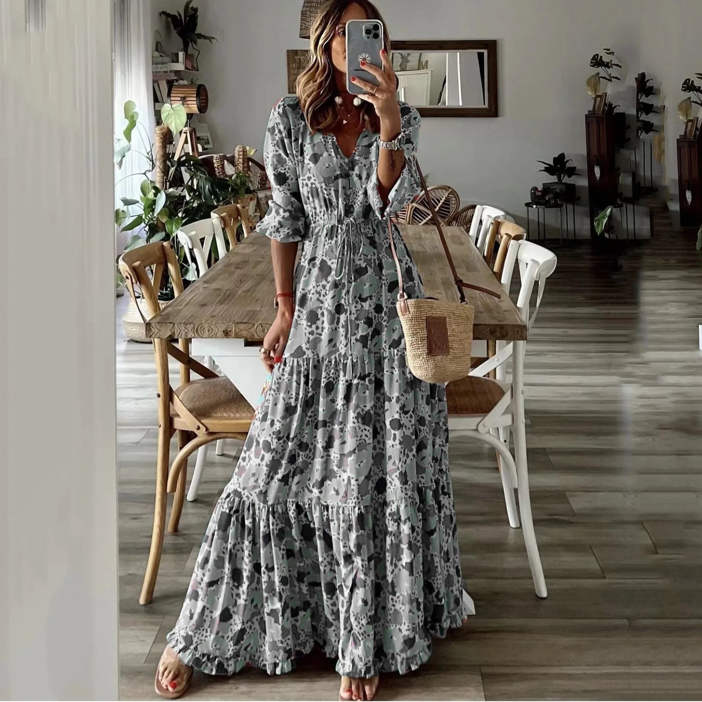 Women's Summer New Fashionable Printed Sexy V-neck Long Sleeve High Waist Elastic Waist Medium Length Bohemian Dresses