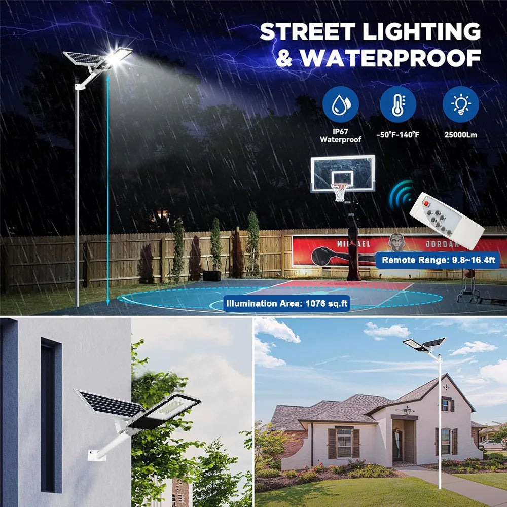 Solar Light High-Power 6500K LED Dusk to Dawn Waterproof LED Solar Street Light Backyard Street Lamps Security Flood Lighting