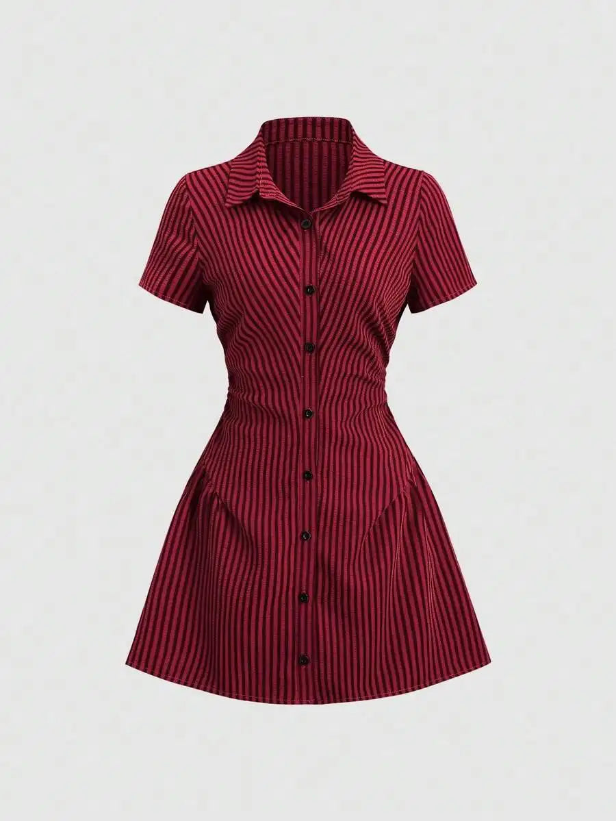 Yellow Short Sleeve Shirt Dress With Button Front And Flared Skirt For Summer