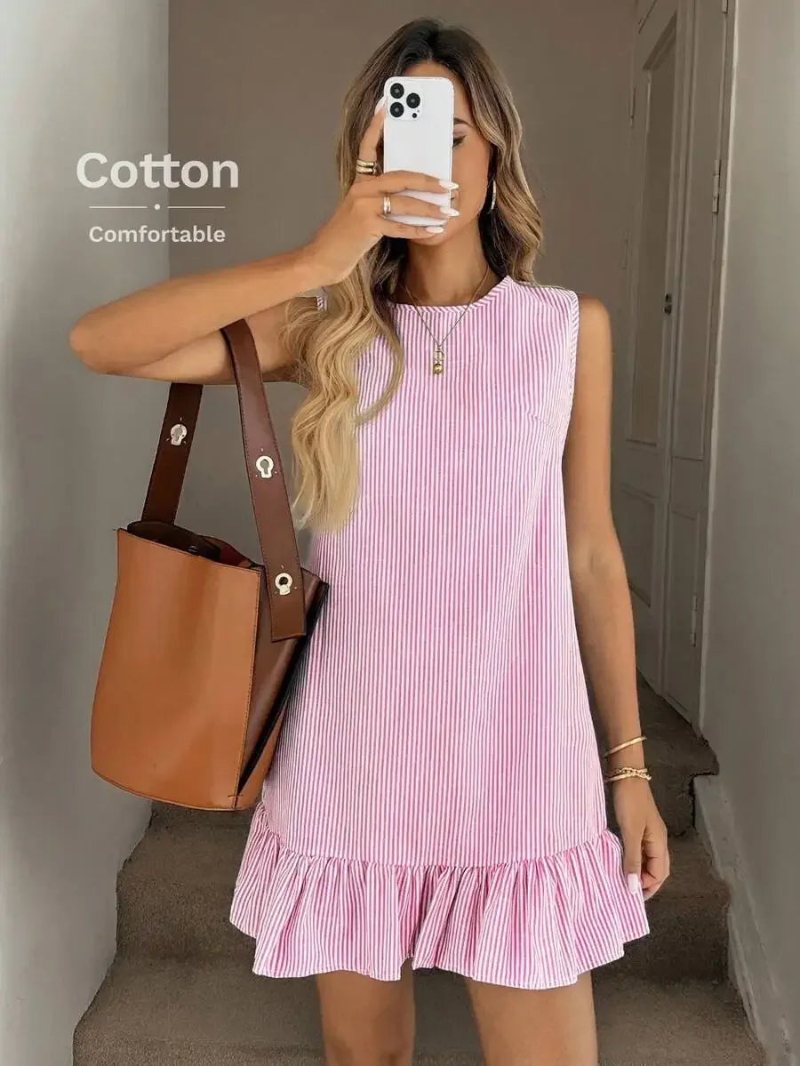 Pink And White Stripe Ruffle Hem Sleeveless Round Neck Mini Dress For Women
