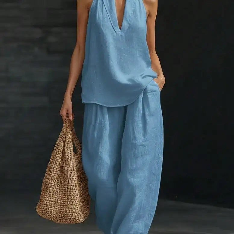 Casual 2 Piece Set Women Halter V Neck Sleeveless Top And Wide Leg Pants