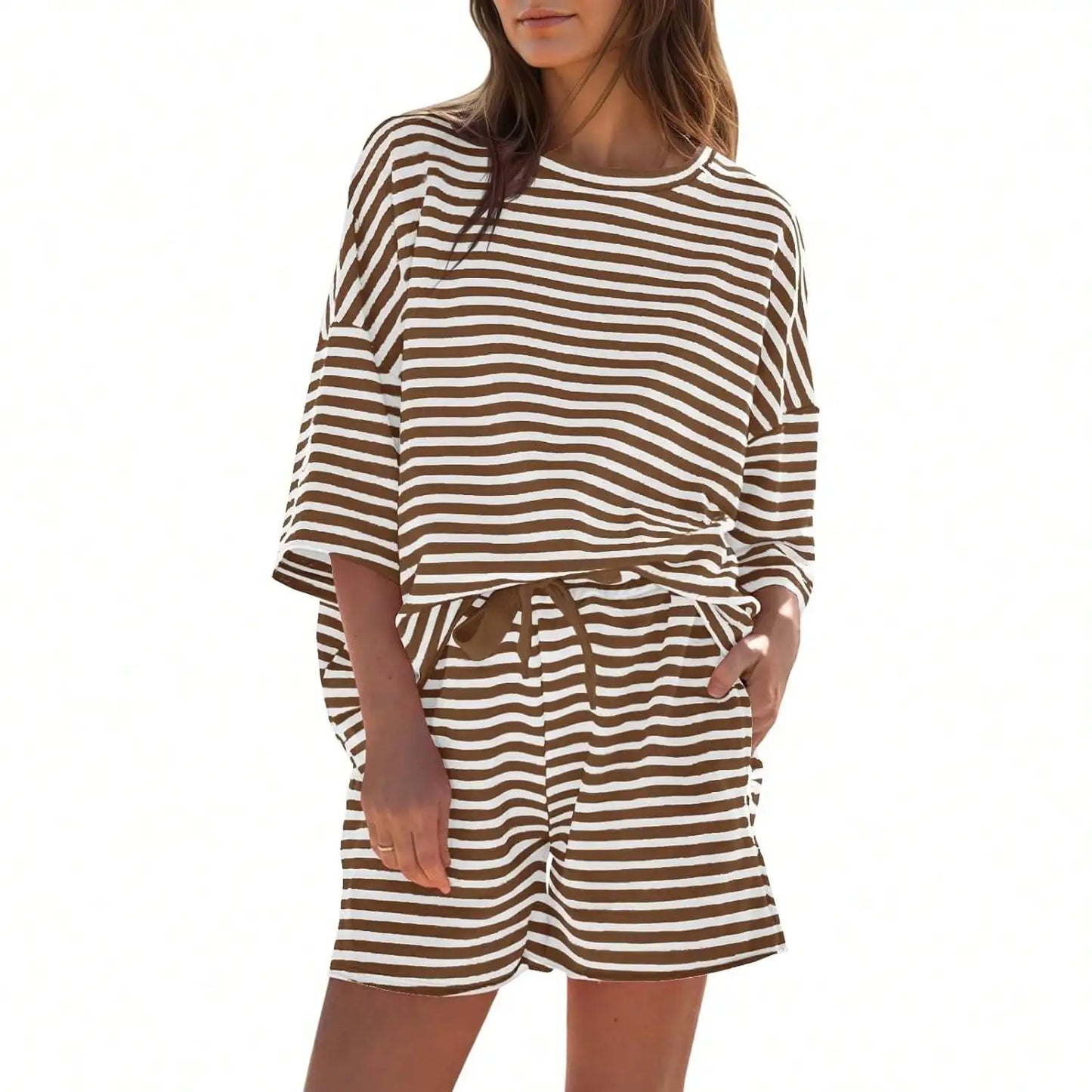 Womens Striped Athleisure 2 Piece Outfits Sweatsuit 3/4 Sleeve Oversized Tops High Waisted Shorts Casual Cozy Striped Lounge Set