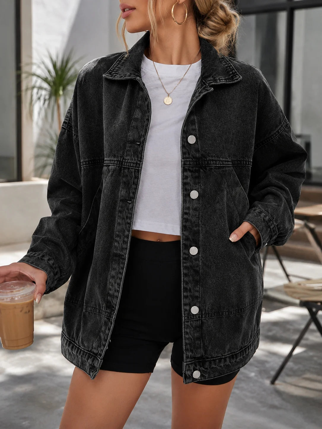 Women's Casual Loose Fit Drop Shoulder Long Sleeve Single-Breasted Denim Jacket, Autumn