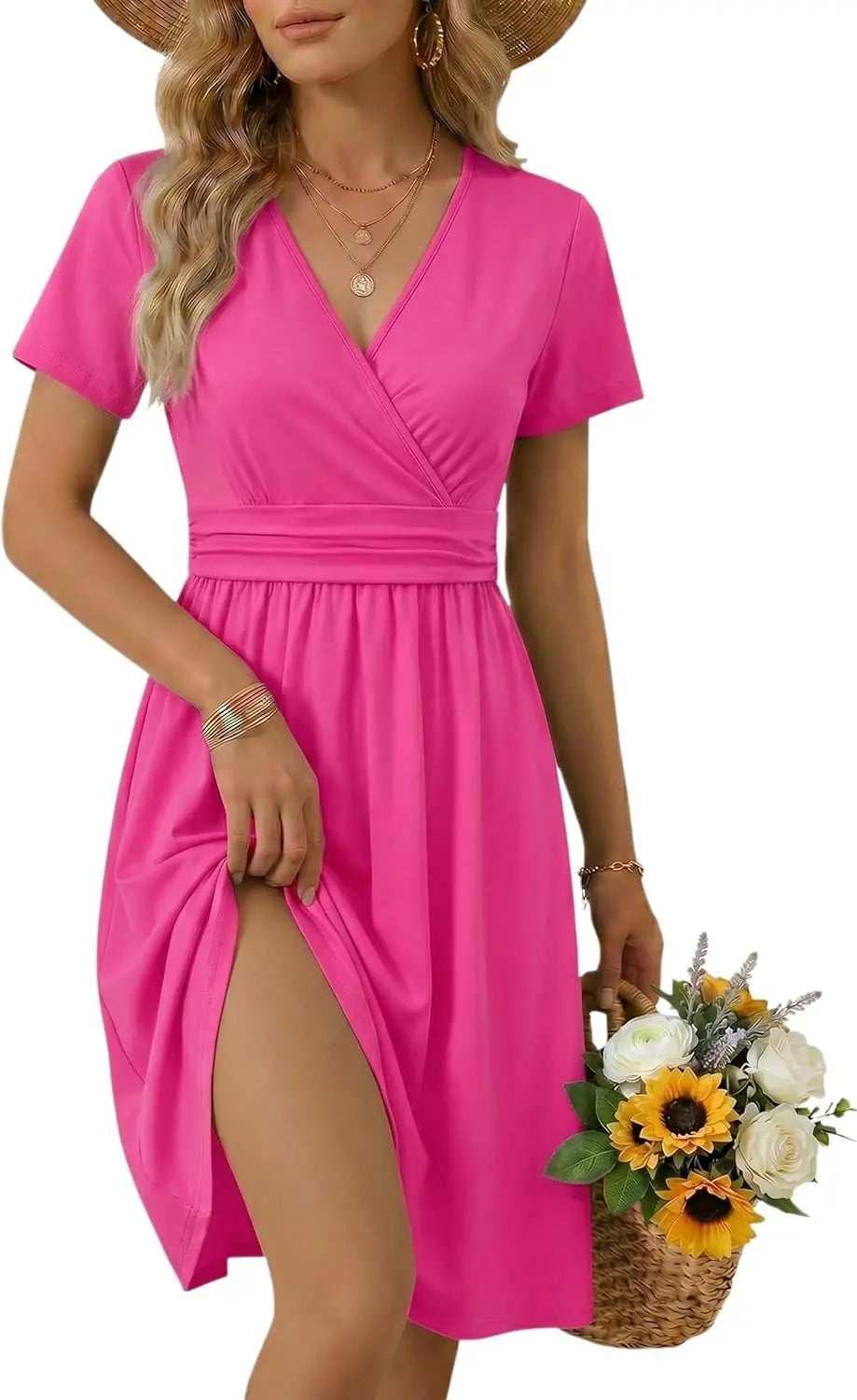 Women's Summer Wrap A-Line Midi Dress with Pocket and V-Neck
