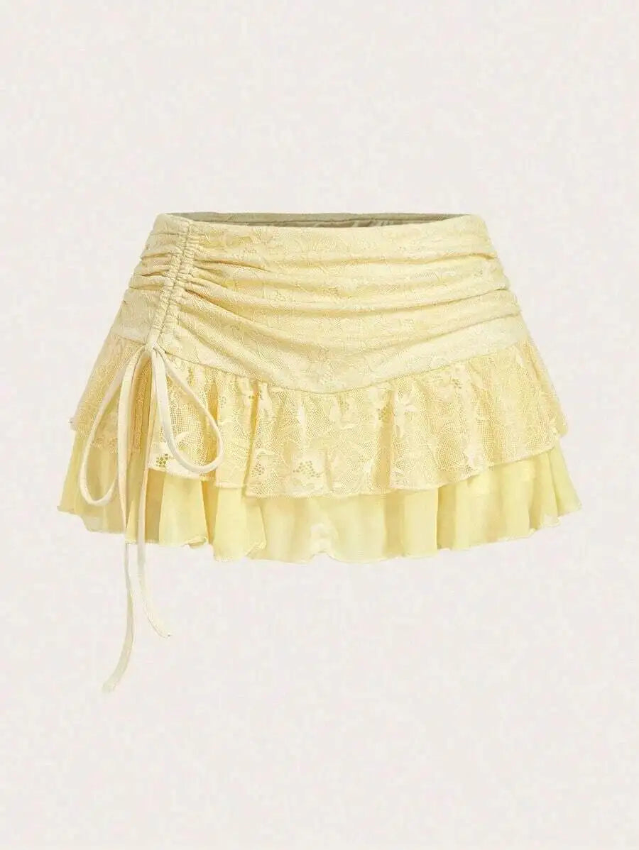 Low Waist Lace Mesh Double Layer Pleated Tie Up Slit Women Skirt