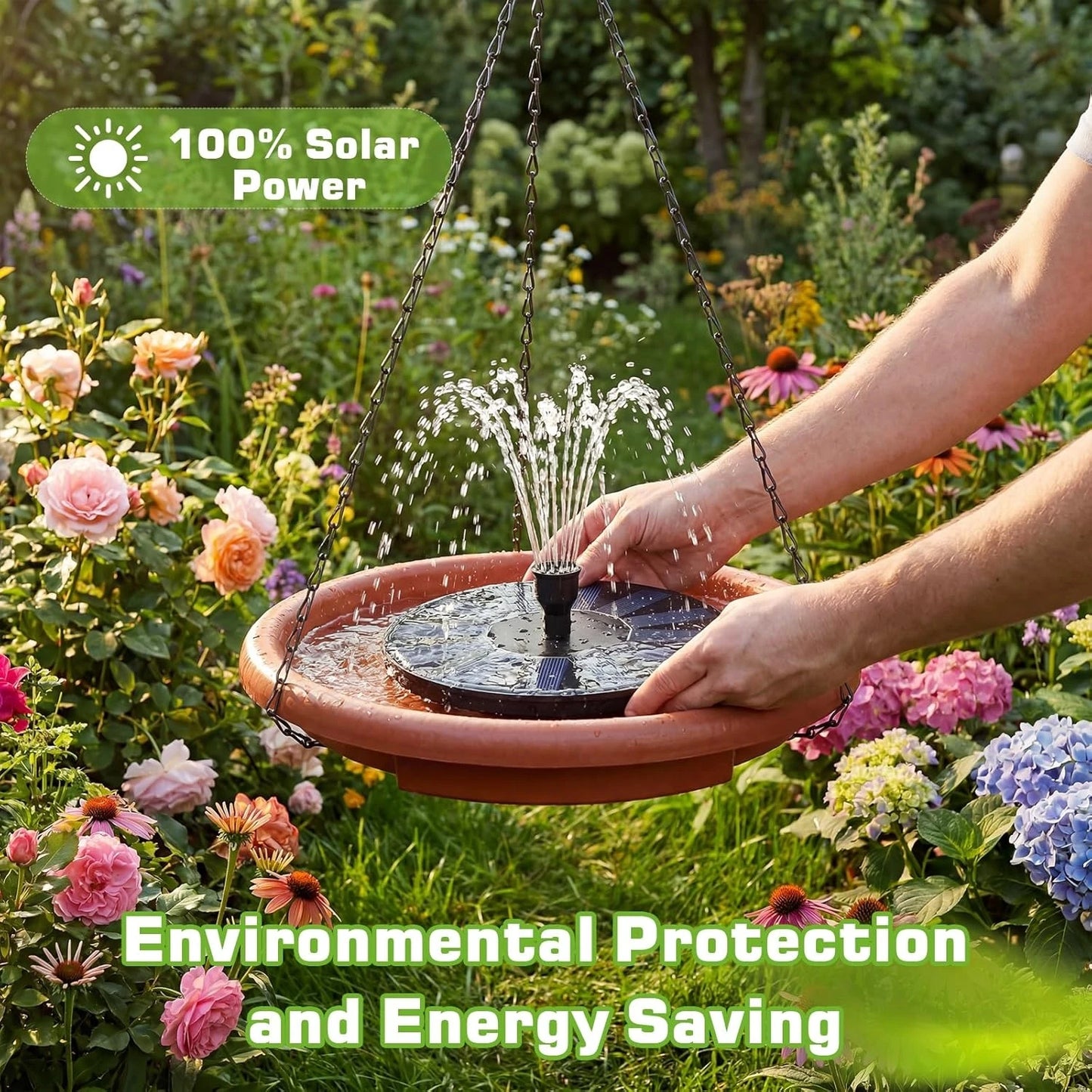 15 inch Hanging Solar Bird Bath, Outdoor Bird Bath & Feeder with Solar Fountain and 3-Tier Steps, Suitable for Patio Garden Backyard Landscape Decor