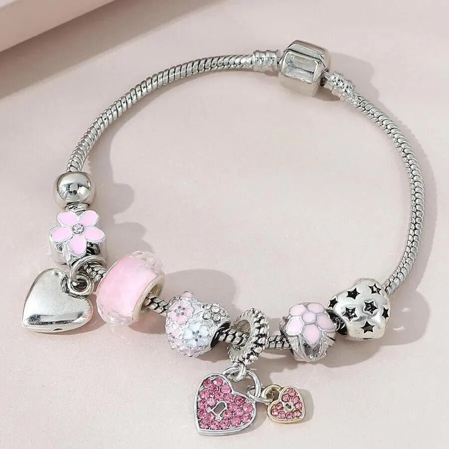 Love Heart Flower Glass Pendant Charm Bracelet Classic Pink White Crystal Stone Adjustable Bead Bracelet Silver Gold Color