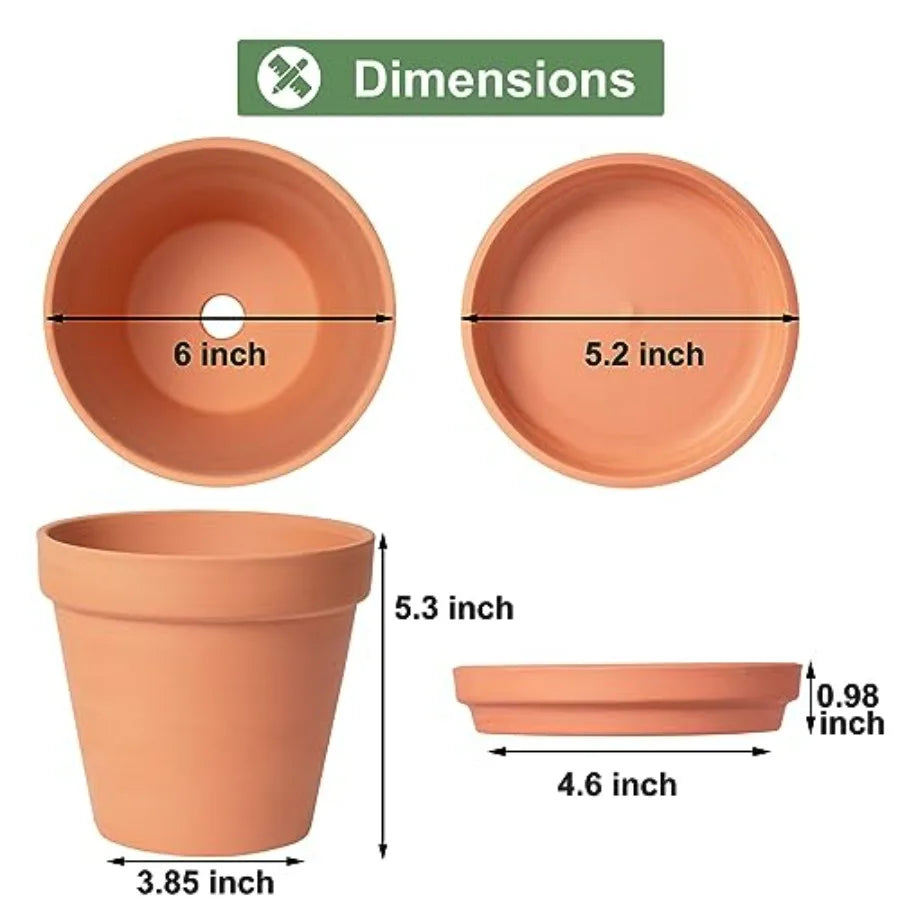 6 inch Terracotta and Clay Pots for Plants with Saucer, Medium Terra Cotta Plant Pots with Drainage Hole, Flowerpot with Tray,