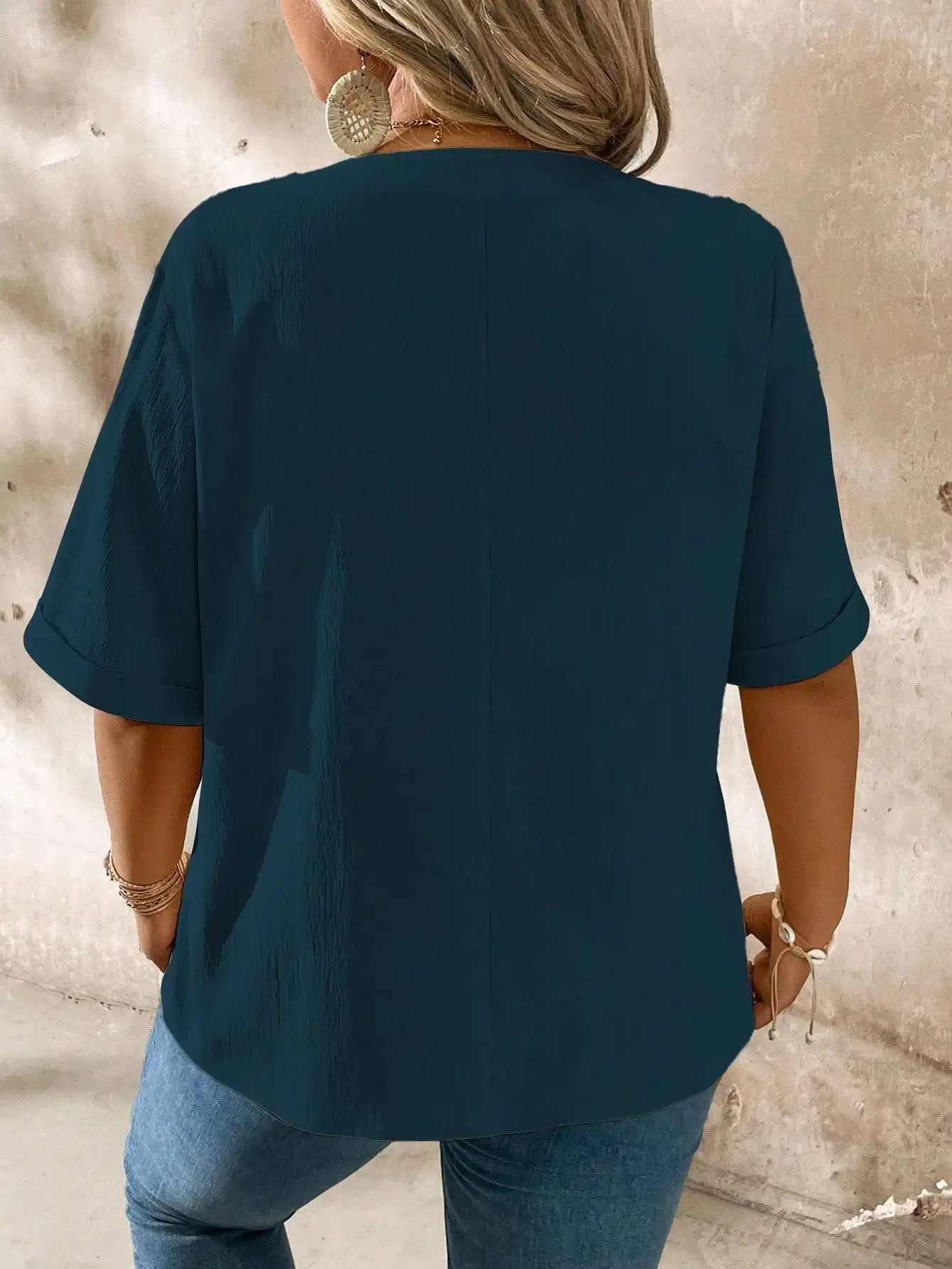 Casual V-Neck Short Sleeve Shirt With Wood Buttons