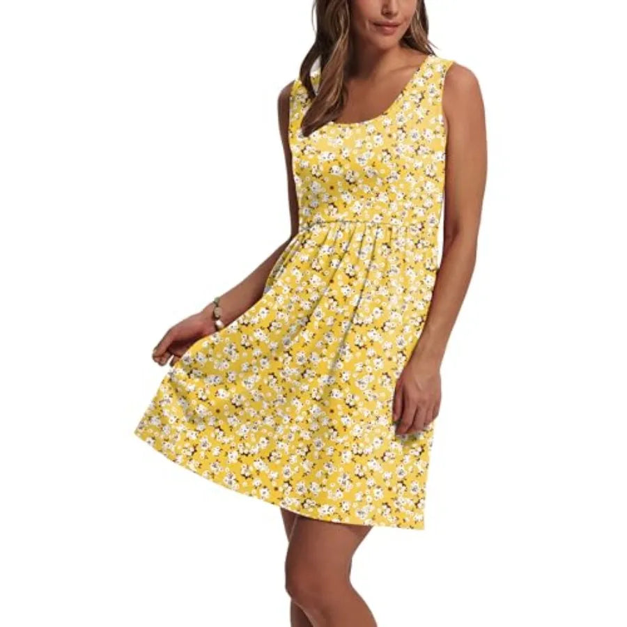 WIHOLL Women's Summer Dress 2026 A-Line Sleeveless Casual Sundress with Pockets Floral/Solid