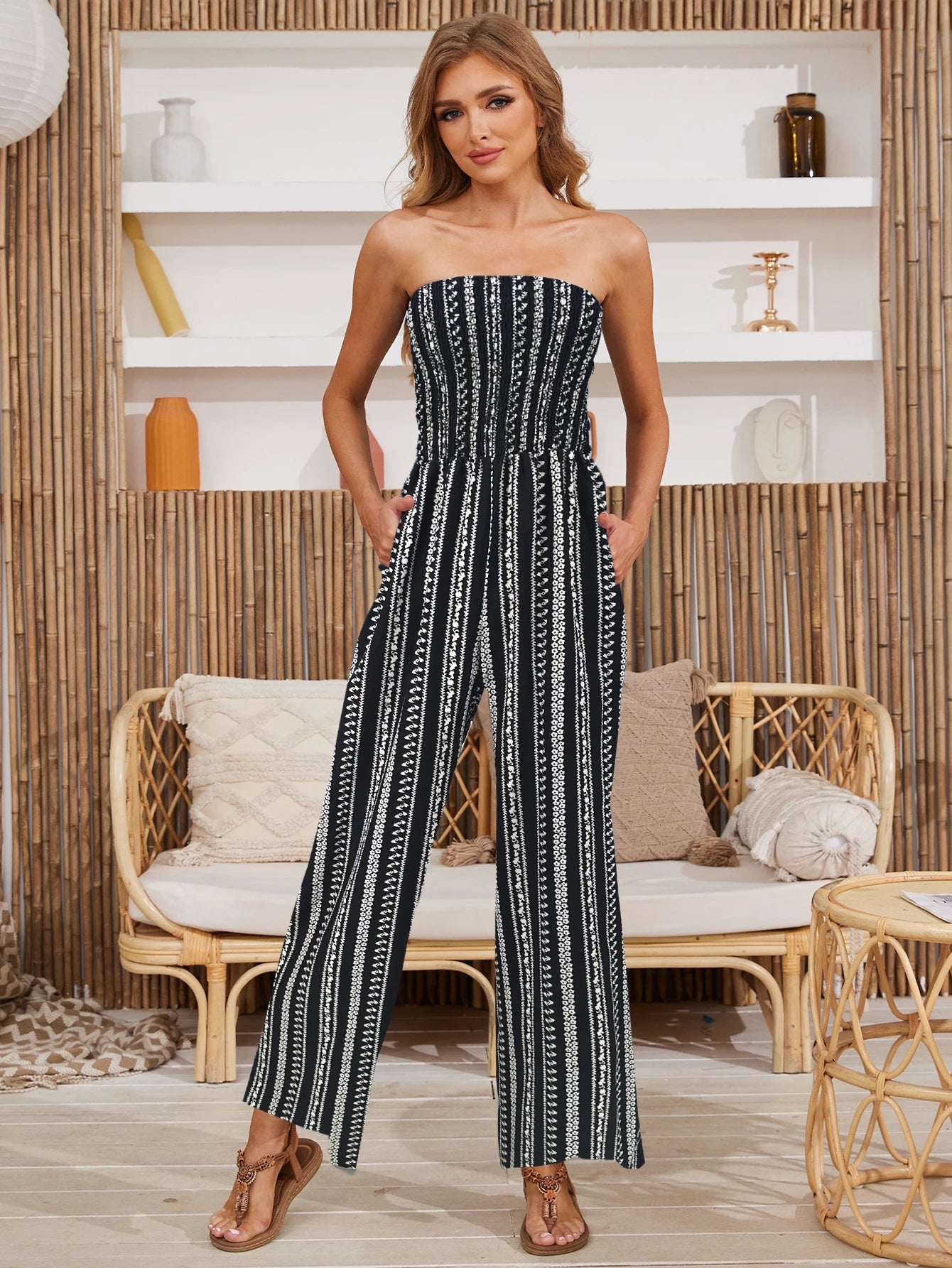 Women's Summer Printed Strapless Jumpsuit, Casual and Simple