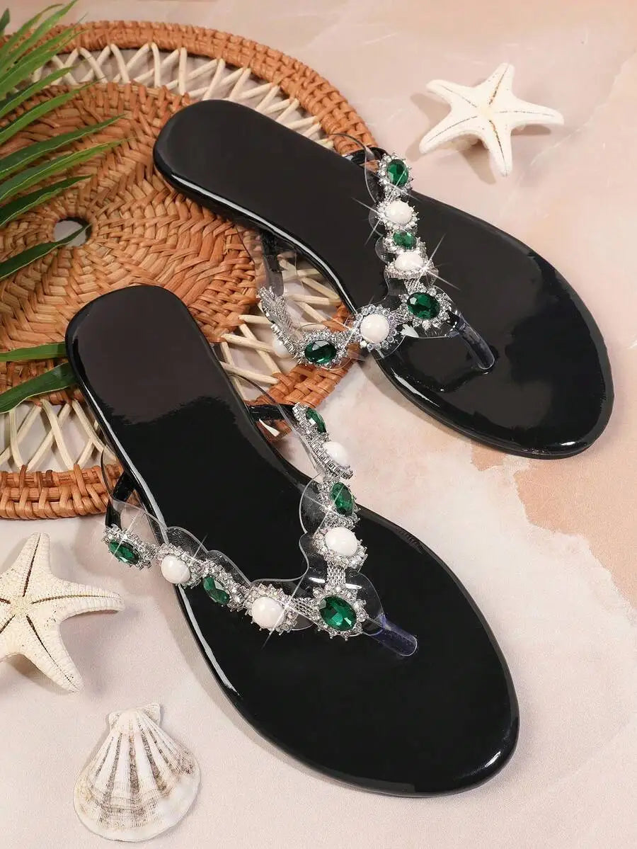Women's Gemstone Decor Thong Flat Sandals, Punk Chic Edgy Design, Fashion Comfy Summer Casual Shoes