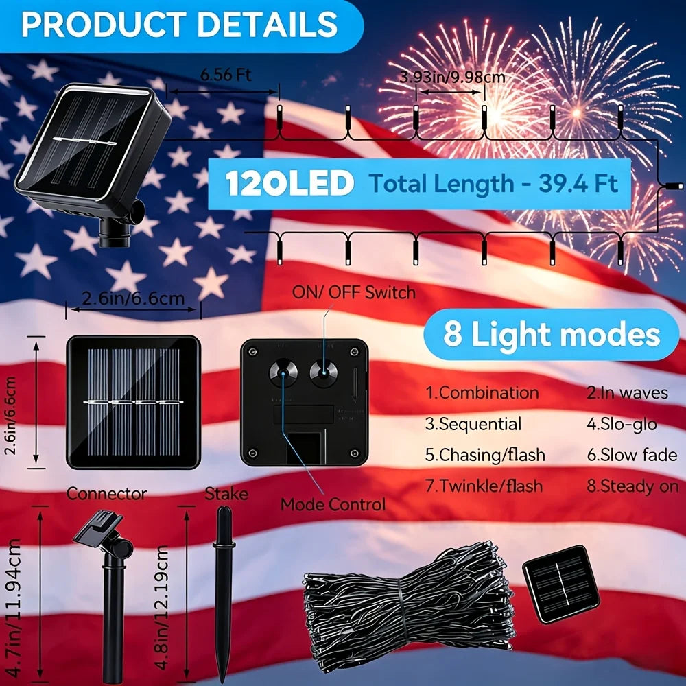 1/2/3 Pack Patriotic Solar LED String Lights, 4Th of July Red White Blue Lights, 12M/22M (39.4Ft/72Ft) 120/240LED 8 Modes Lights, for Independence Day Memorial Day Veterans Day Outdoor Decor
