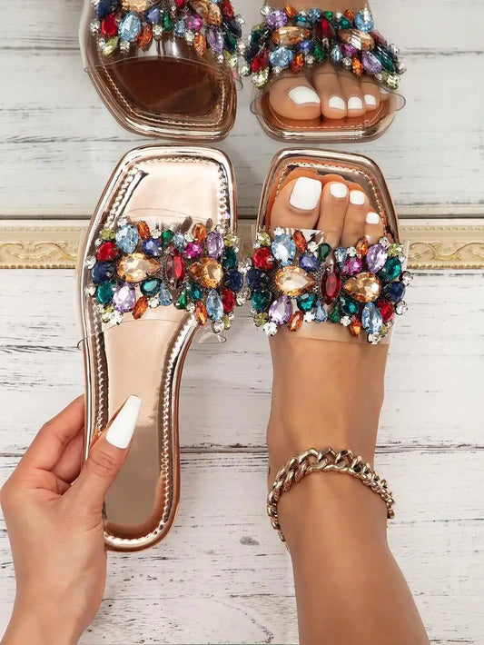 Champagne Rhinestone Boho Flat Sandals, Non-Slip Oversized Beach Casual Slippers for Women