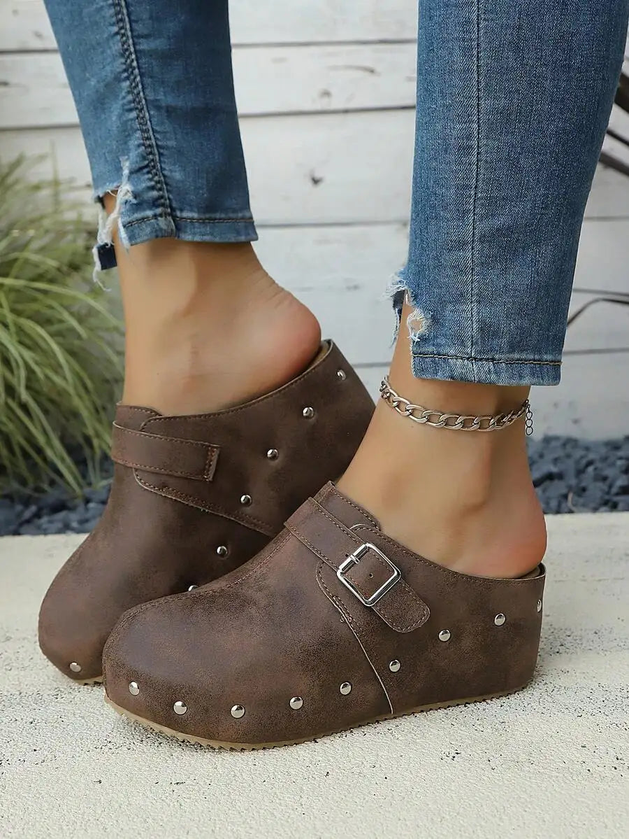 Retro Distressed Matte Leather Studded Mules Slip-On Shoes With Buckle Strap